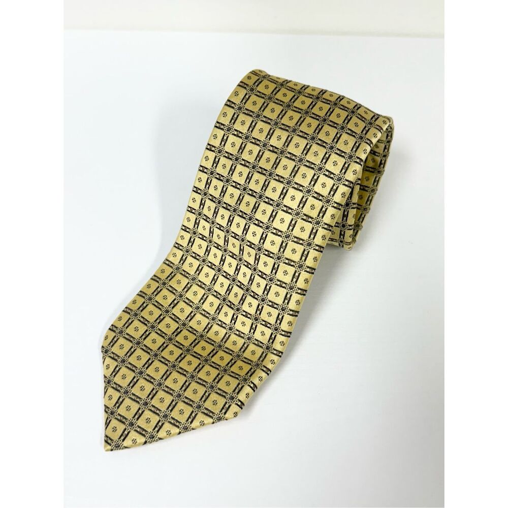 Brioni Mens Yellow Gray Silk Geometric Italy Handmade Necktie One Size